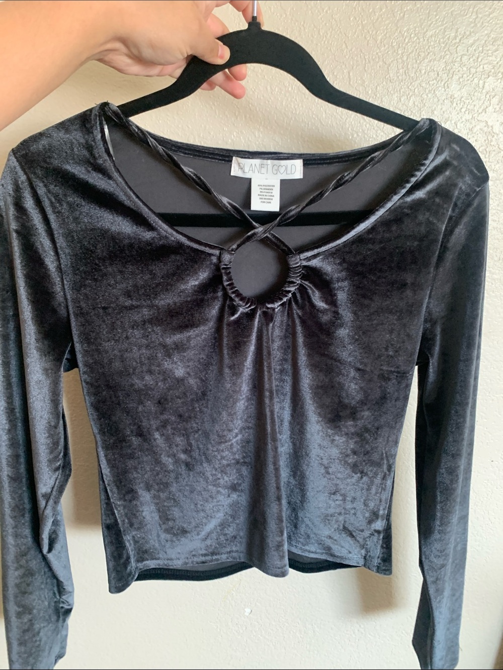 Planet Gold Black Velvet Long Sleeve Top with Front Ring Detail